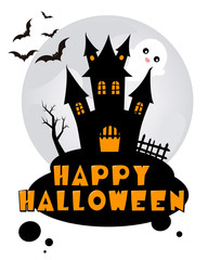 Halloween background. House of terror with full moon in the background, bats and ghost