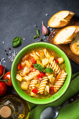 Minestrone with vegetable and pasta top view.