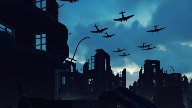 An Armada of military aircraft flies over the ruins of a ruined deserted city.