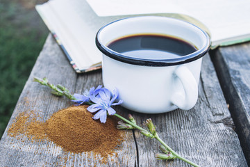 White cup with chicory drink and flowers near chicory powder. Tea from chicory. Healthy eating concept.