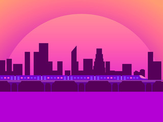 City view sunset. Cityscape with skyscrapers and train. Cyberpunk and retro futurism. Vector illustration