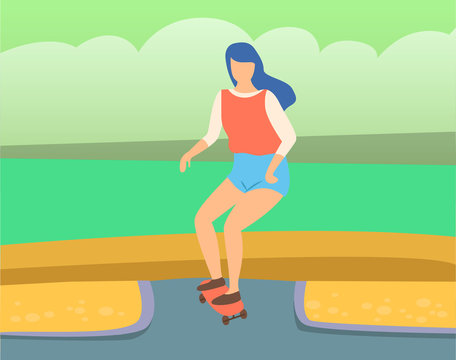 Girl on skateboard, outdoor activity or sport vector. Teenager on skate in park, skater riding board on path, teen woman skating outside in park, river on backdrop. Flat cartoon