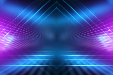 Empty background scene. Dark street reflection on wet asphalt. Rays of neon light in the dark, neon shapes, smoke. Background of an empty stage show. Abstract dark background. 3d illustration