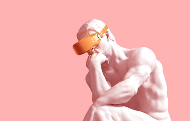 Fototapeta Sculpture Thinker With Golden VR Glasses On Pink Background obraz