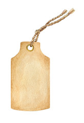 Watercolor vintage paper label with a rope on it illustration. Hand drawn realistic tag or banner element. Isolated on white background