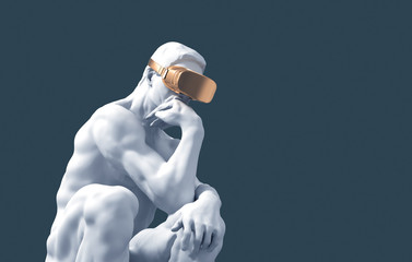 Estores personalizados con motivos artísticos con tu foto Sculpture Thinker With Golden VR Glasses On Blue Background