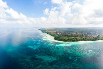 Aerial view tropical beach island reef caribbean sea at Kei Island, Indonesia Moluccas archipelago. Top travel destination, best diving snorkeling, stunning panorama.