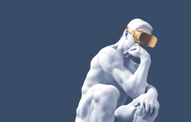 Sculpture Thinker With Golden VR Glasses Over Blue Background - 289054338