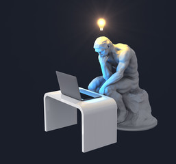 Sculpture Thinker With Laptop And Glowing Light Bulb Over His Head As Symbol Of New Idea - obrazy, fototapety, plakaty