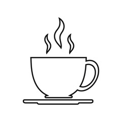 Cup of coffee or tea with steam, vector line icon black on white