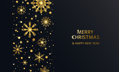 Glitter snowflakes and snow background with shining stars. Sparkling gold snowflakes with glittering texture for holiday banner, poster, invitation. Merry Christmas card. Vector ilustration
