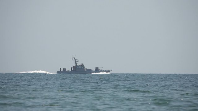Military patrol ship in the Black Sea. Slow motion