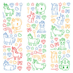 Children pattern with fairy tale unicors for kids clothes, posters, banners, shirts. Vector image with cartoon character.