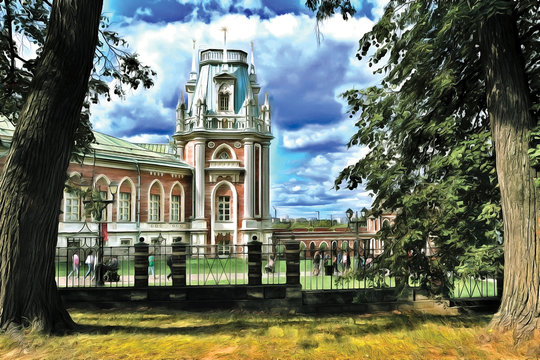 Drawing Big Tsaritsyno Palace. Tsaritsyno-Palace and Park reserve in the South of Moscow. Russia.
