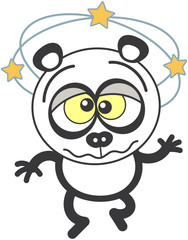 Cute panda bear with rounded ears and black rings around eyes while showing yellow stars turning around its head, walking unsteadily and hardly keeping balance when feeling dizzy