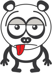 Cute panda bear with rounded ears and black rings around eyes while sticking its tongue out and showing a sad apathetic attitude as for saying 
