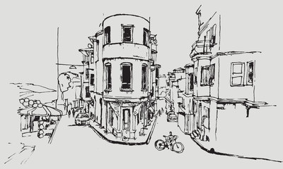 Drawing sketch of Balat district in Istanbul
