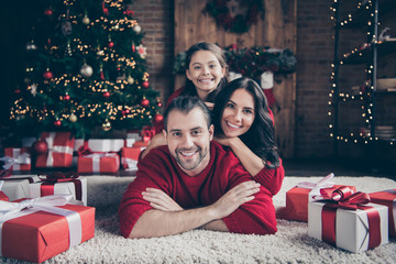 Photo of cheerful optimistic friendly family people mommy dad schoolgirl wearing red sweaters...