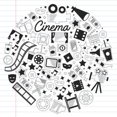Fototapeta na wymiar Vector pattern with cinema icons. Movie Theater, TV, popcorn, video clips, musical
