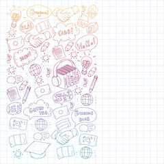 Fototapeta premium Vector pattern for language class, online courses. English, arabic, italian, japanese, spanish, chinese, german.