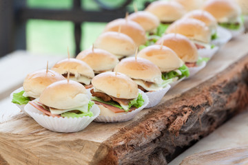 Tasty mini burgers, snacks arranged for the guests at the reception.