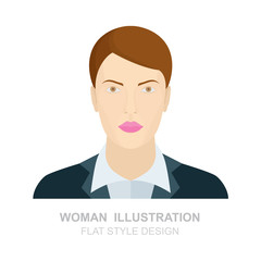 Female character portrait illustration. Woman in corporate suit. Women face flat icon. Woman in a official business suit.