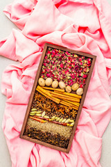 Ingredients for preparation oriental spice Ras el Hanout