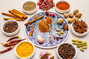 Ingredients for preparation oriental spice Ras el Hanout