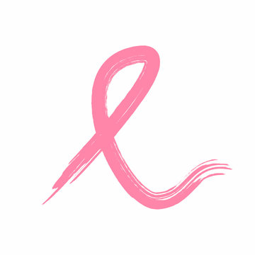 Pink ribbon drawn by hand with rough brush. Watercolor breast cancer awareness symbol. Paint, sketch, graffiti. Vector illustration.