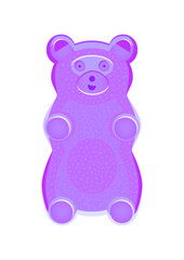 Vector detailed illustration of violet or purple gummy bear or jelly bear. Fairytale candy. Childlike bear isolated on a white background. Illustration can be also used as a plush toy for children.