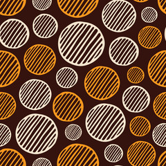 Abstract seamless pattern of hand drawn striped circles. Color vector background.