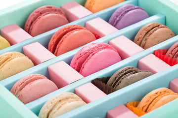 Box of Colorful Macaroons Close-up