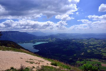 Aiguebelette' lake, view from the Alps (France) : landscape with mountains and blue sky