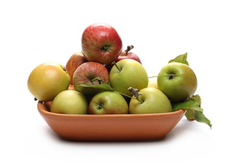 Wild apples in clay pot, bowl isolated on white background