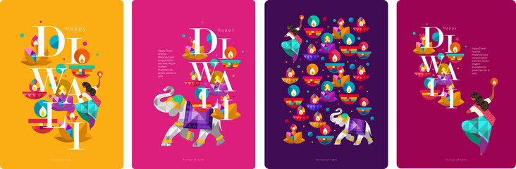 Happy Diwali. Indian festival of lights. Vector abstract flat illustration for the holiday, lights, elephant, Indian woman and other objects for background or poster.