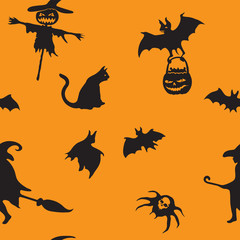 Cotton fabric Halloween orange festive seamless pattern. Endless background with pumpkins, skulls, bats, spiders, ghosts, bones, candies, spider web and speech bubble with boo