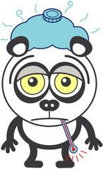 Adorable panda bear with rounded ears and black rings around eyes having a thermometer in its mouth, an ice pack above its head, showing a sad mood and feeling sick