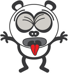 Cute panda bear with rounded ears and black rings around eyes while clenching its bulging eyes, opening its mouth, sticking its tongue out and expressing disgust as for getting ready to puke