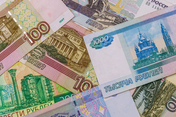 Background of different russian rubles banknotes