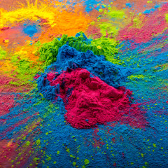 Bright colours on sawed wood for Indian holi festival. Colorful gulal powder colors for Happy Holi with copy space
