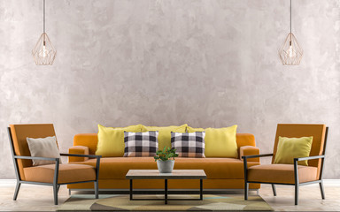 Orange sofa with yellow pillows. Empty wall in background - 3D illustration