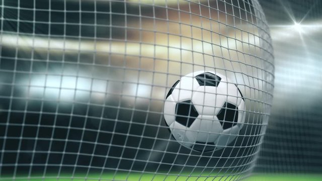 Soccer Slow Motion Ball flight into Goal Net. 3d rendering Close up success Sport Concept. Fans on Stadium taking pictures with flashes strobe lights. 4k UHD 3840x2160.