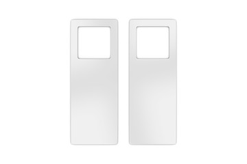 Blank Door hanger flyer, white tags for room in hotel, resort, home. Mock up template on isolated white background,3d illustration.