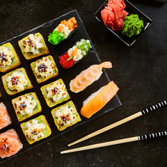 Delicious asian food, roll, sushi and gunkan set