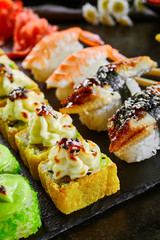 Delicious asian food, roll, sushi and gunkan set