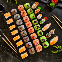 Delicious asian food, roll, sushi and gunkan set