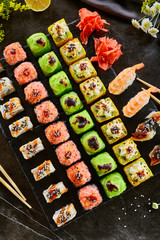 Delicious asian food, roll, sushi and gunkan set