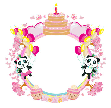 Illustration of cute pandas and cupcakes - Happy Birthday frame