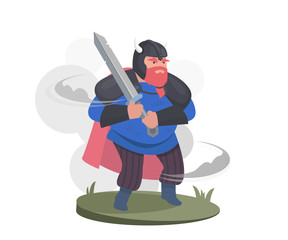Cartoon Character: Viking warrior .Warrior in a helmet and in armor with a sword, flat design. Vector flat Illustration