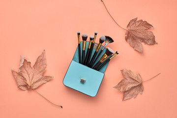 Woman beauty cosmetic makeup accessories Flat lay. Fashion Minimal autumn Set. Trendy Design...